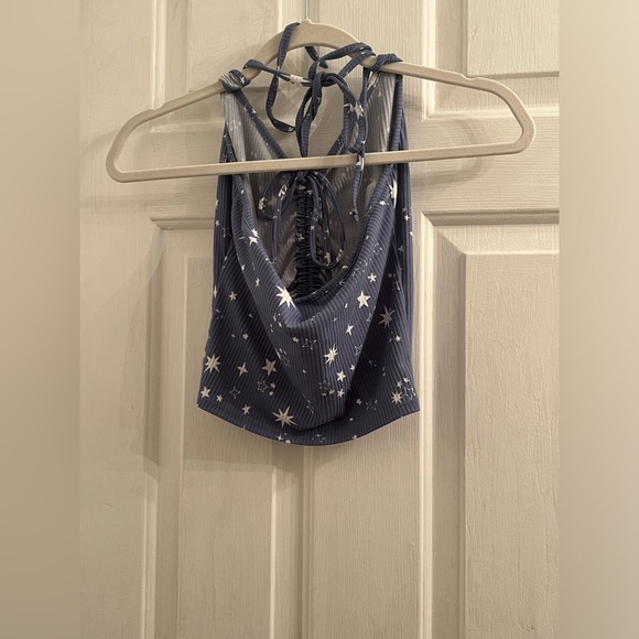 Size small blue white star sky scrunch front halter tie cropped crop tank top - Picture 3 of 4